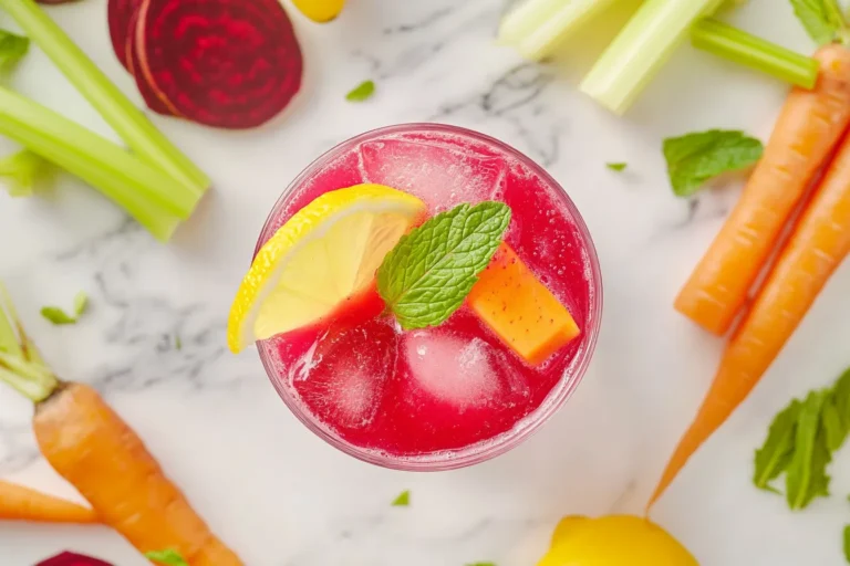 Top view of fresh chukandar juice with lemon and mint, surrounded by raw ingredients in a modern white kitchen.
