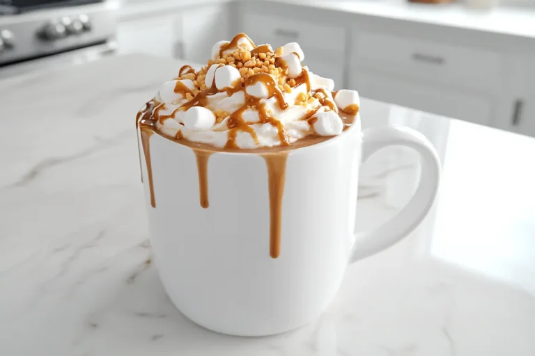 Creamy slow cooker peanut butter hot chocolate topped with whipped cream and marshmallows in a white kitchen with skyscraper view.