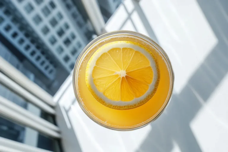 Mounjaro weight loss drink in a clear glass with lemon garnish, in a sunlit white kitchen with city view.