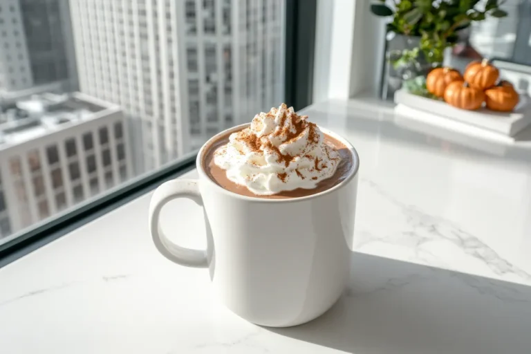 Creamy spiced chocolate pumpkin latte with whipped cream in a white mug on a bright kitchen counter with city skyline.