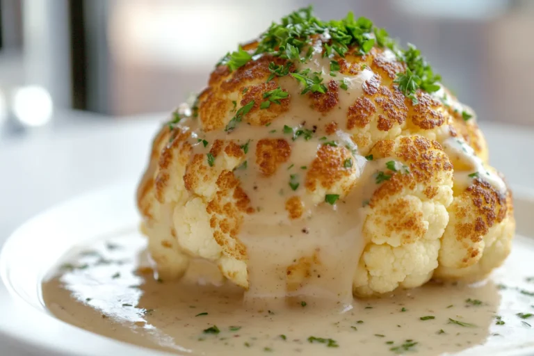 Whole Instant Pot cauliflower topped with herbs and gravy in a sunlit white kitchen with urban high-rise view.