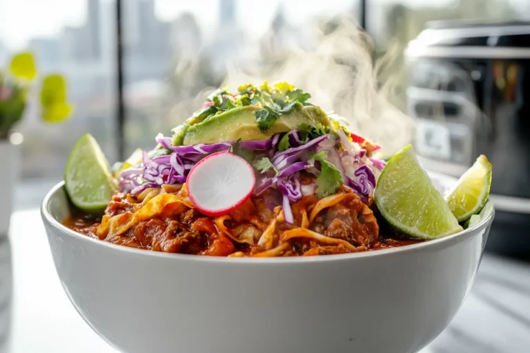 Authentic red crock pot posole with traditional Mexican toppings in a white kitchen with daylight and urban view.