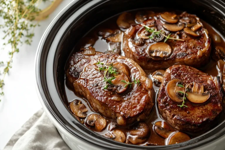 Crock pot ribeye steak simmering with mushrooms and onion gravy in a bright kitchen with city skyline view.