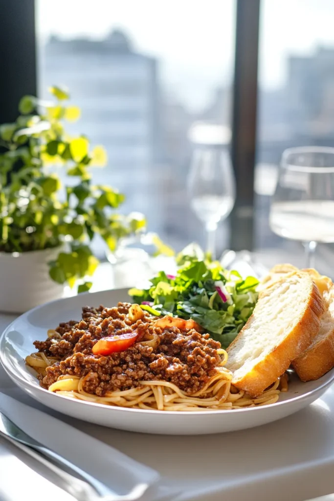 Instant Pot ground beef pasta served with garlic bread and green salad on a dining table in a sunlit kitchen overlooking city buildings.