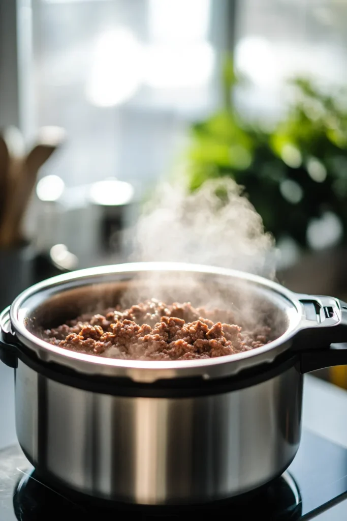 Ground beef being sautéed in an Instant Pot on a kitchen counter in a sunlit kitchen with cityscape in the background.