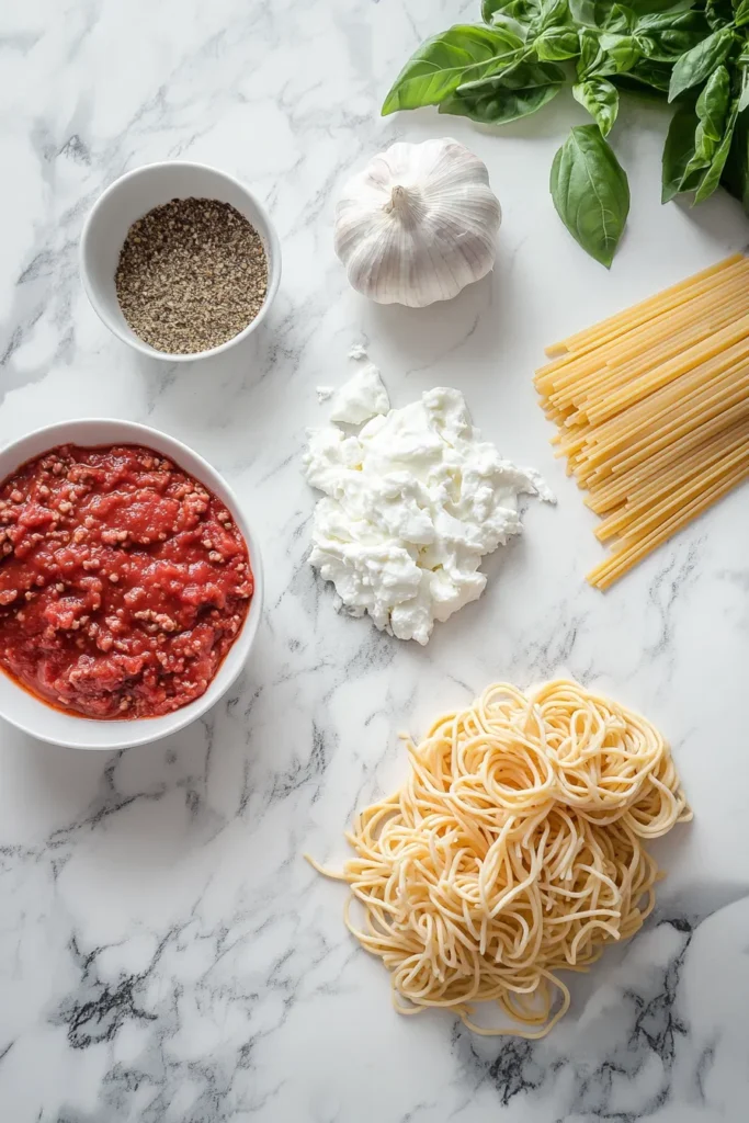 Fresh ingredients for Ground Beef Instant Pot Recipe displayed on a marble countertop in a sunlit kitchen with urban views.