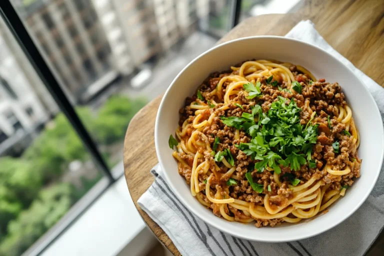 Instant Pot ground beef pasta garnished with parsley in a white bowl on a rustic table in a sunlit kitchen with cityscape views.