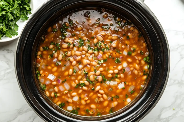 Crock pot full of pinto beans simmering with garlic, onions, and spices in a daylight kitchen with urban view.