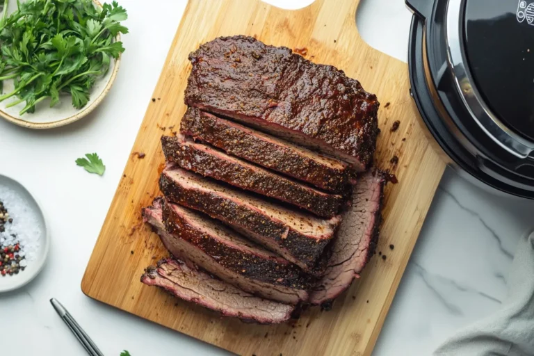 Brisket strips seasoned with ancho chile powder and salt beside Instant Pot in a daylight urban kitchen.