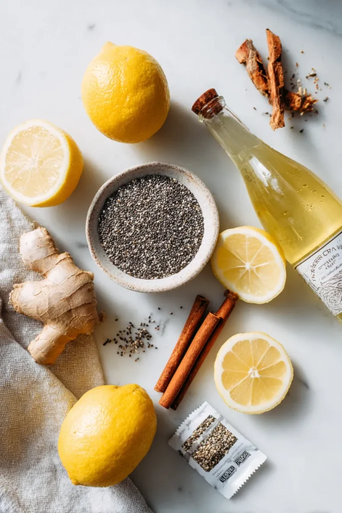 Flat-lay of Natural Zepbound drink ingredients on a white countertop with natural light. natural zepbound recipe ingredients