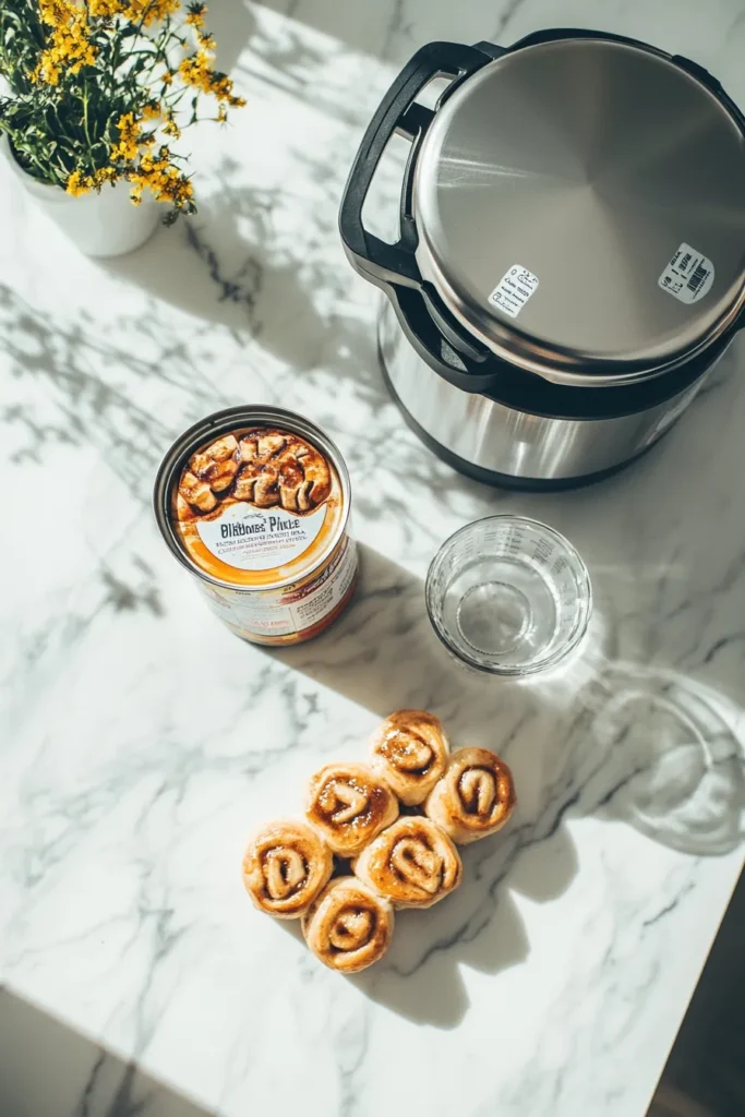 Pillsbury cinnamon rolls, water, and an Instant Pot displayed on a bright kitchen counter for a quick Instant Pot cinnamon roll recipe.