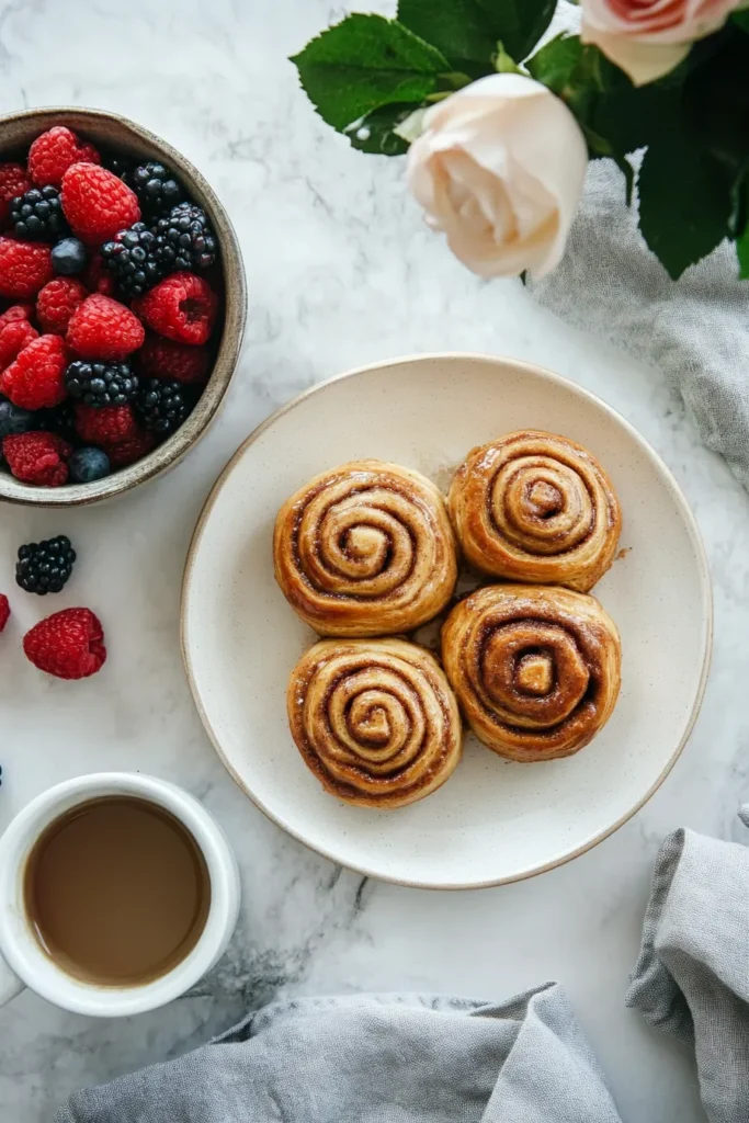 Instant Pot cinnamon rolls served with coffee and fresh fruit for a complete breakfast experience.