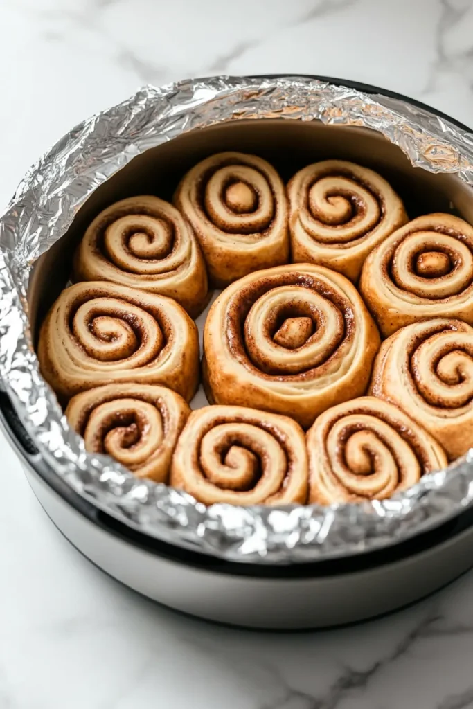 Unbaked cinnamon rolls arranged in a foil-covered springform pan, ready for Instant Pot pressure cooking.