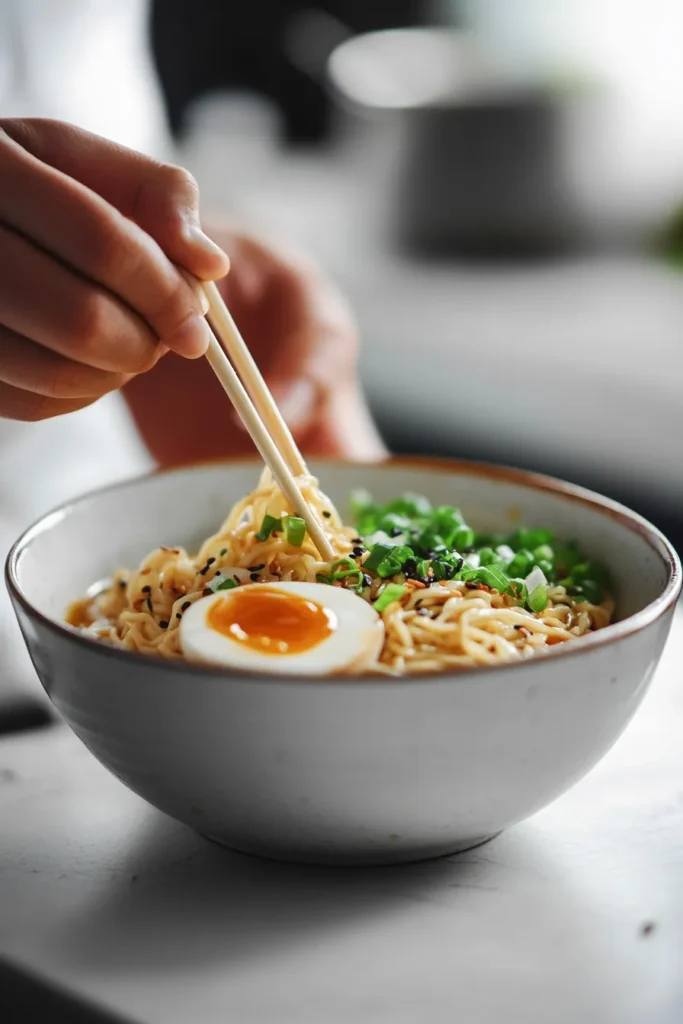Bowl of miso butter ramen served with soft-boiled egg and kimchi on the side.