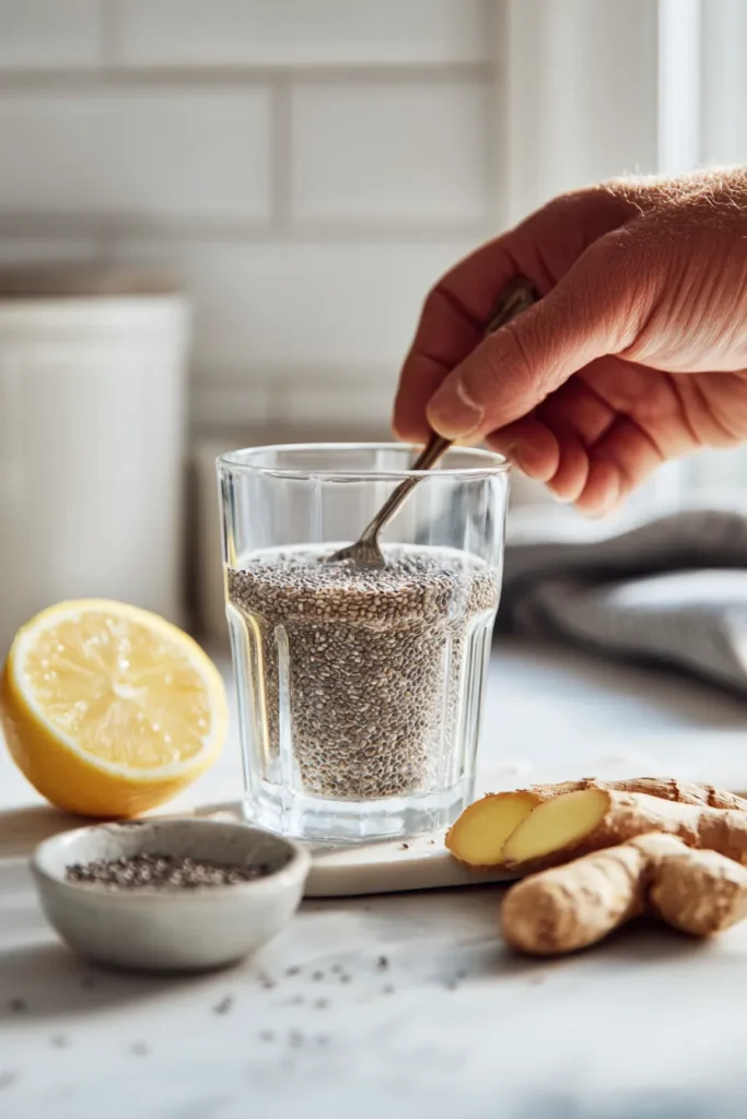 Blender jar with Natural Zepbound drink ready to blend, under bright white natural light.