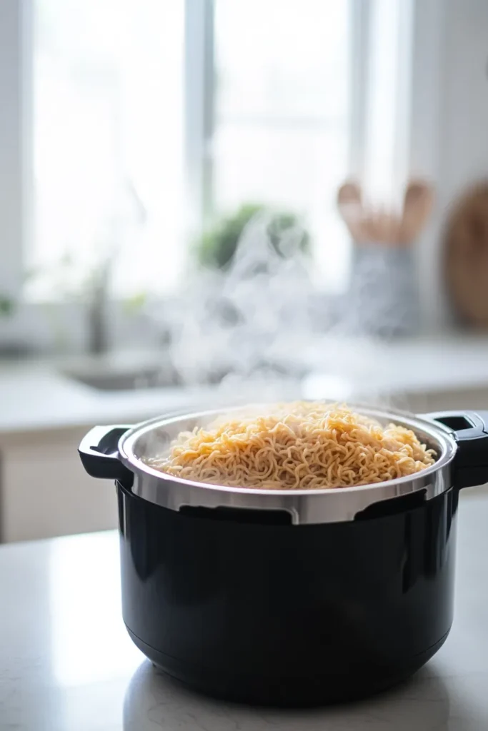Miso Butter Ramen noodles cooking in an Instant Pot, just covered with water.