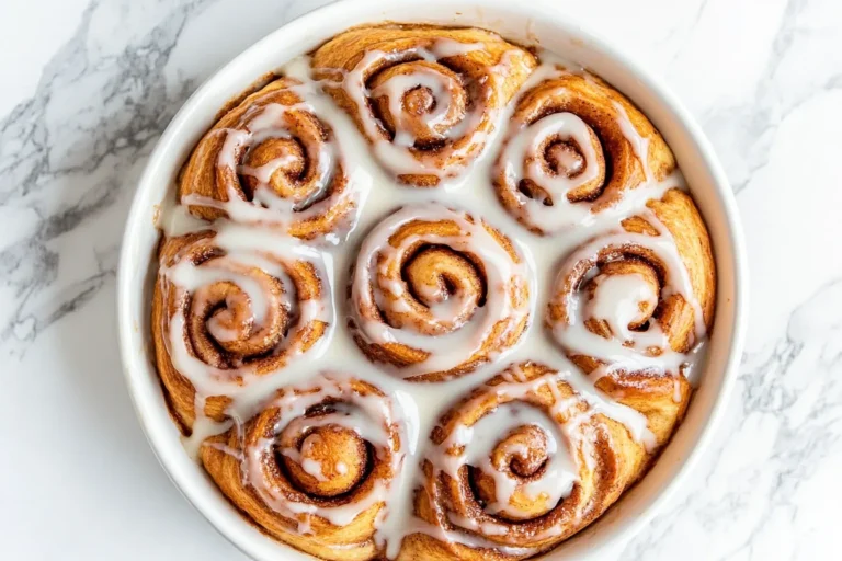Soft, fluffy cinnamon rolls fresh from the Instant Pot, covered in glaze and served in a round pan.