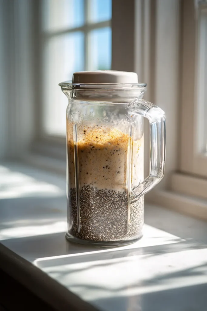 Stirring chia seeds and lemon into water to prepare Zepbound drink under bright natural light.