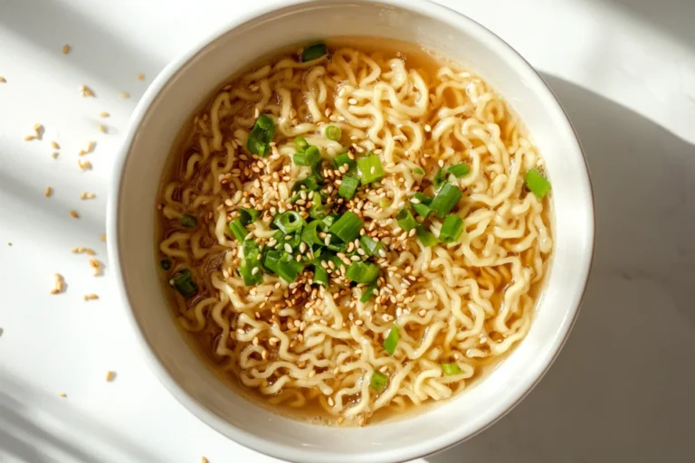 Close-up of a bowl of 5-Ingredient Miso Butter Instant Pot Ramen garnished with green onions and sesame seeds.
