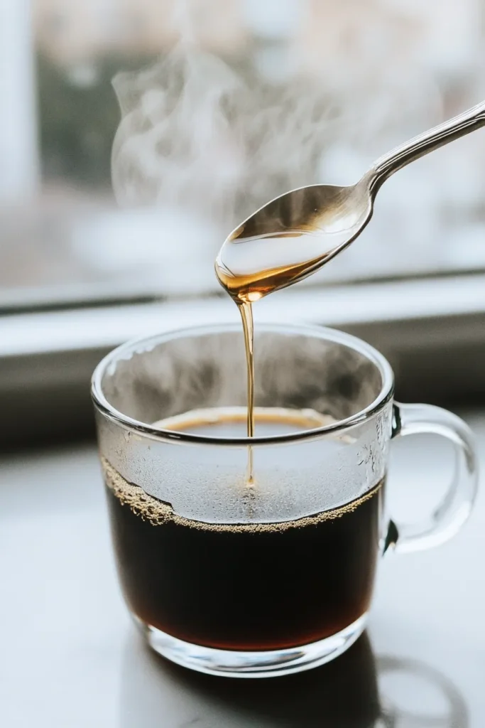 MCT oil being stirred into hot black coffee as part of a simple 2-ingredient weight loss coffee recipe.