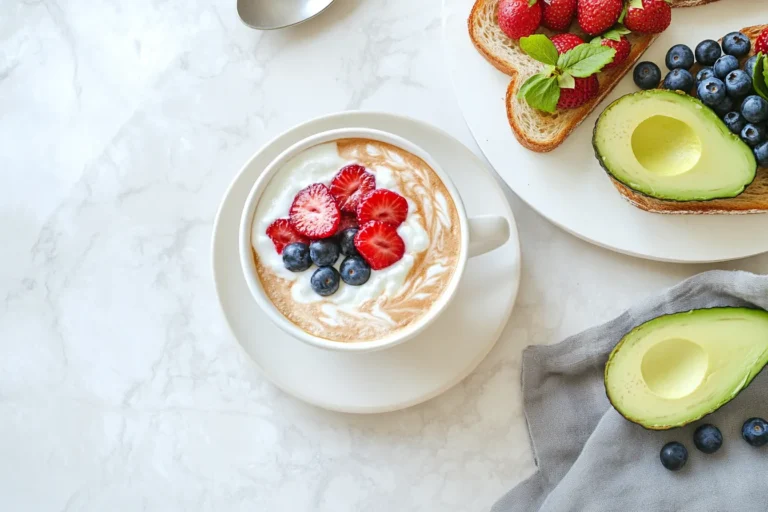 2 ingredient coffee loophole drink paired with Greek yogurt and avocado toast for a healthy breakfast.