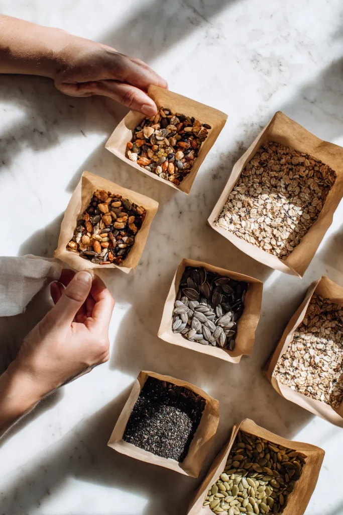 Portioning bariatric seed mix into small snack bags under natural kitchen light.