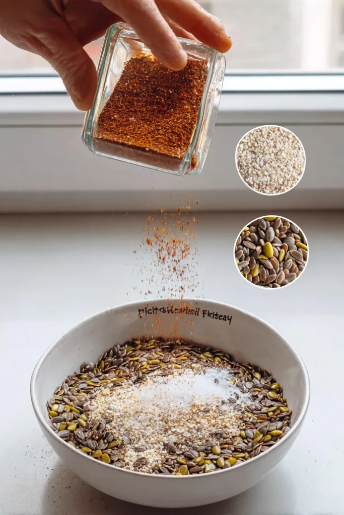 Seasoning the bariatric seed mix with chili powder in a white bowl under soft natural light.