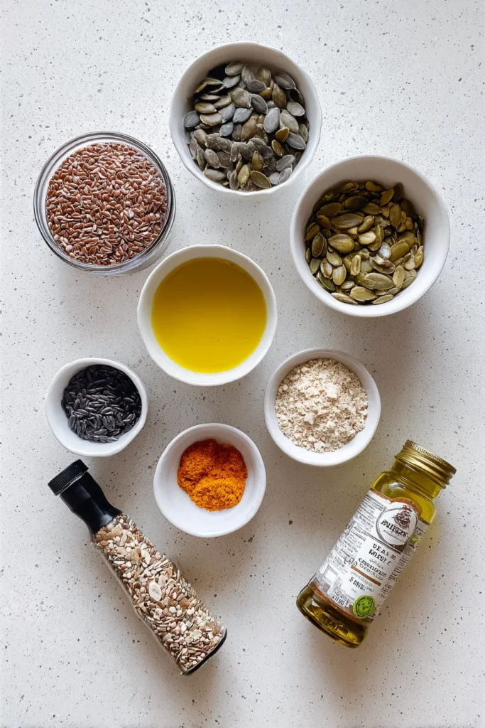 Flat lay of Bariatric Seed Recipe for Weight Loss mix ingredients in a bright, naturally lit white kitchen.