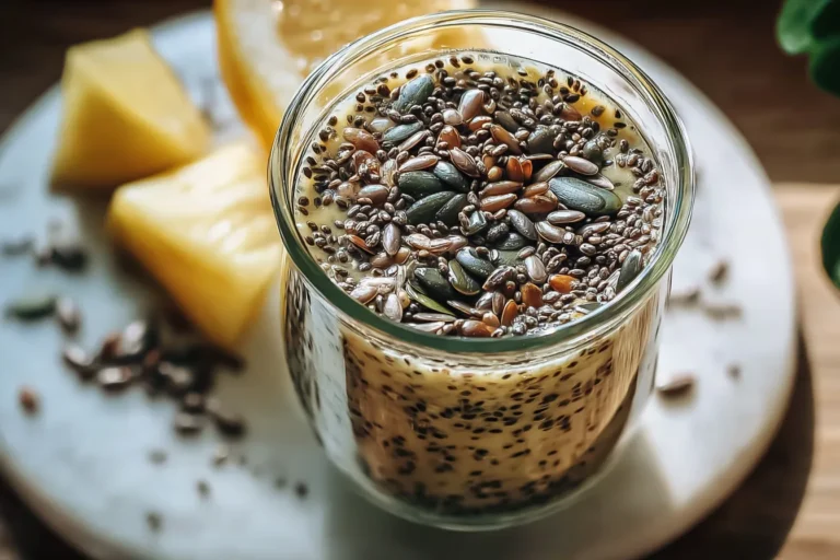 Jar of nutrient-packed bariatric seed mix on a white countertop under natural daylight.