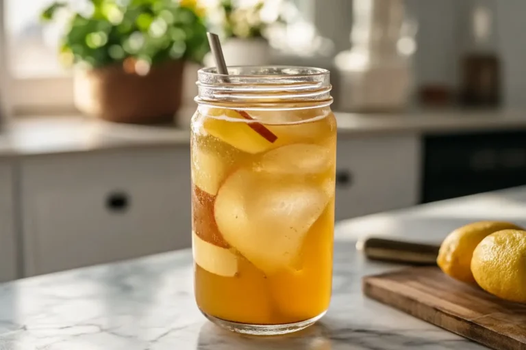 Glass of Brazilian Mounjaro drink on a marble countertop in natural lighting