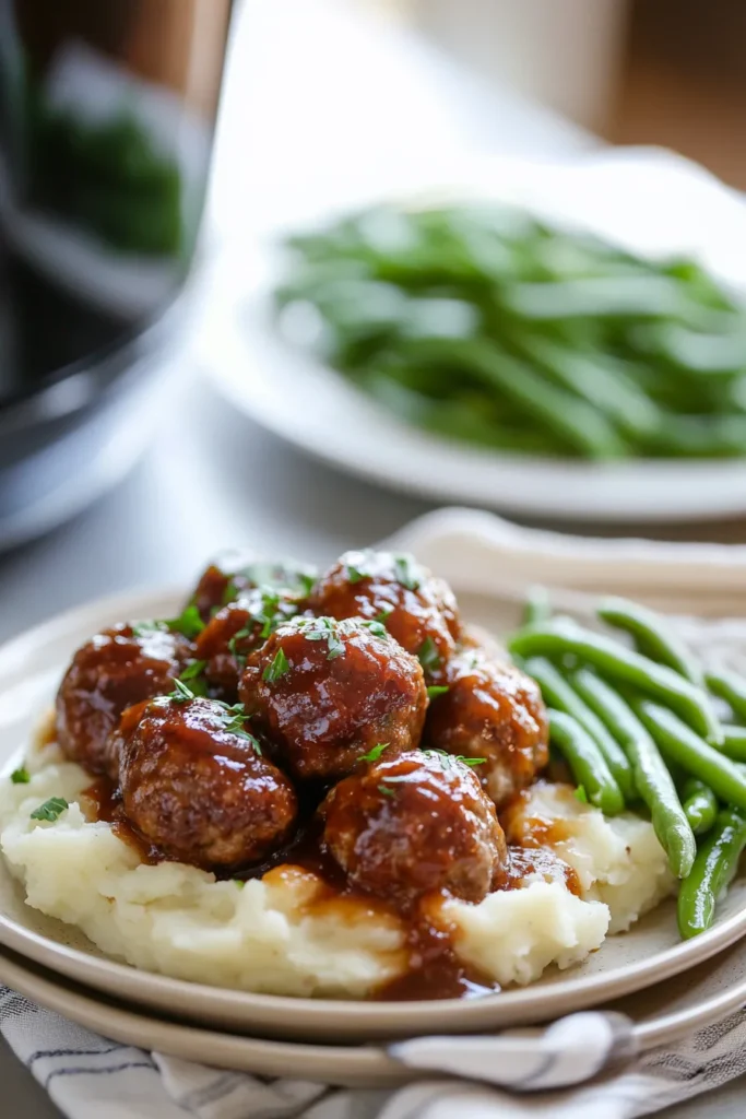 Crockpot meatballs served as a meal with mashed potatoes and green beans in a naturally lit kitchen setting.