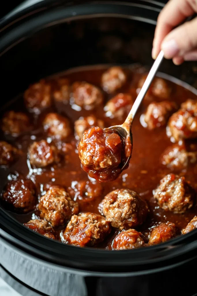 Frozen meatballs being mixed into BBQ and grape jelly sauce inside a slow cooker using natural kitchen light.