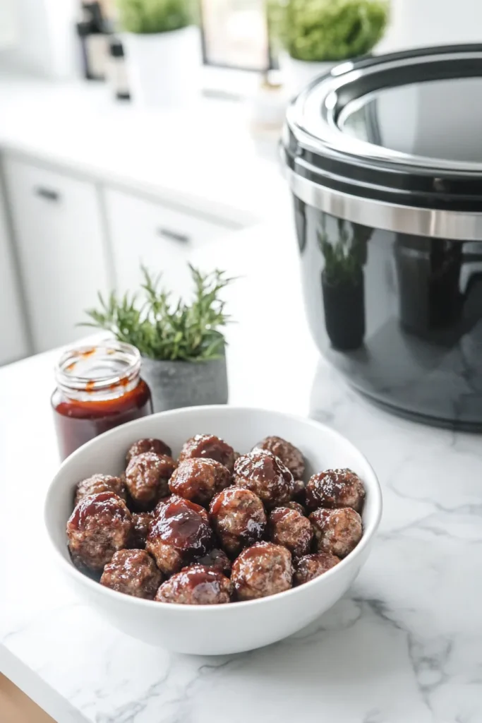 Frozen meatballs, BBQ sauce, and grape jelly displayed with a crockpot in natural light on a bright kitchen counter. How Long to Cook Frozen Meatballs in Crockpot