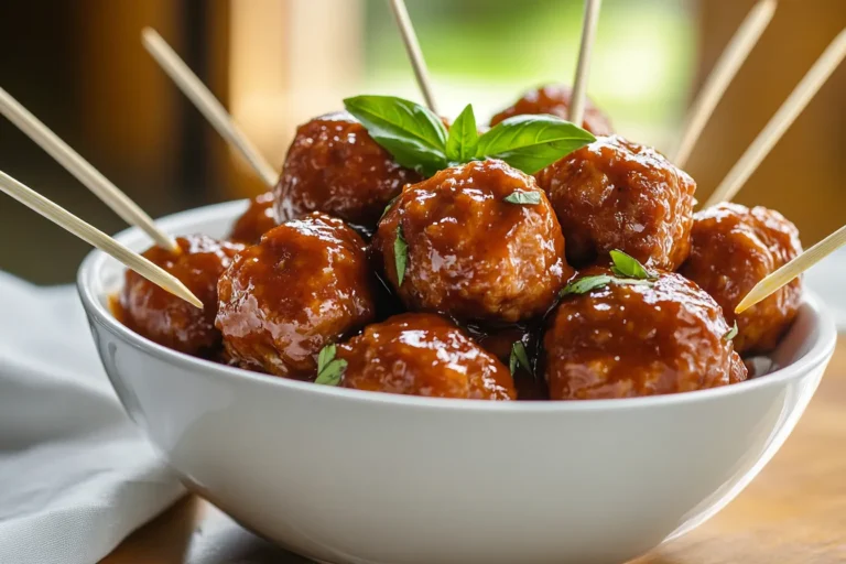 Cooked BBQ grape jelly meatballs served in a bowl with toothpicks in bright natural kitchen lighting.