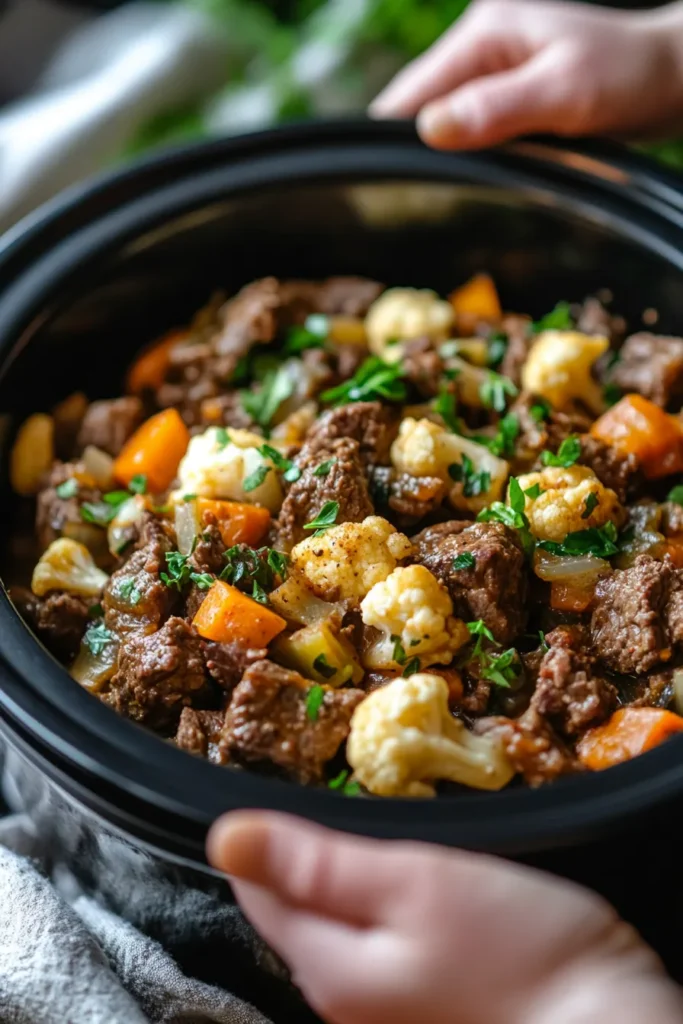 Browning lean ground beef with garlic and herbs builds the rich base flavor for this Crock Pot Pizza Casserole.