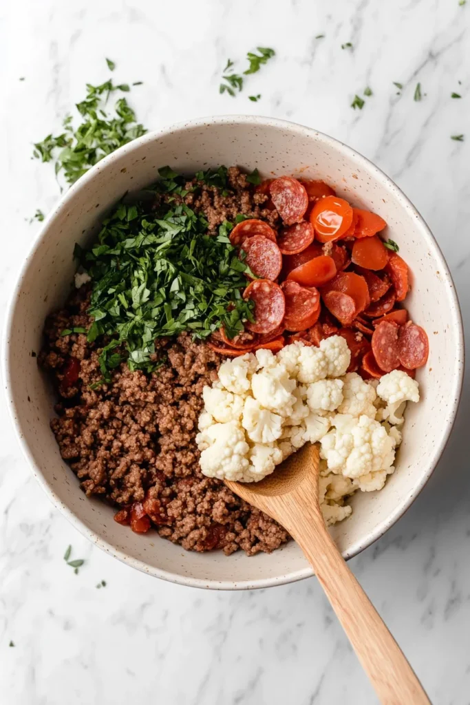 Browning the ground beef adds rich flavor to this Crock Pot Pizza Casserole base—don’t skip this step.