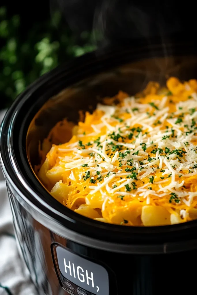 Crockpot set to high cooking cheesy potatoes with visible steam and natural kitchen light.