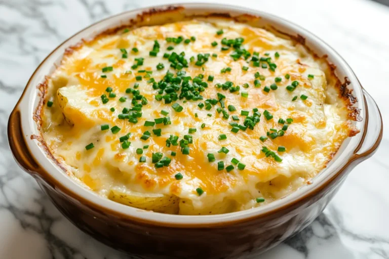 Fully cooked crockpot cheesy potatoes topped with melted cheese and chives in a naturally lit kitchen.