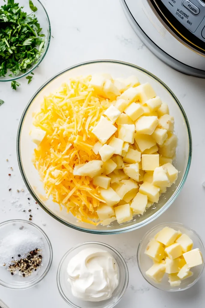Ingredients for crockpot cheesy potatoes including real russets, cheddar, Monterey Jack, and evaporated milk on a sunlit kitchen counter.