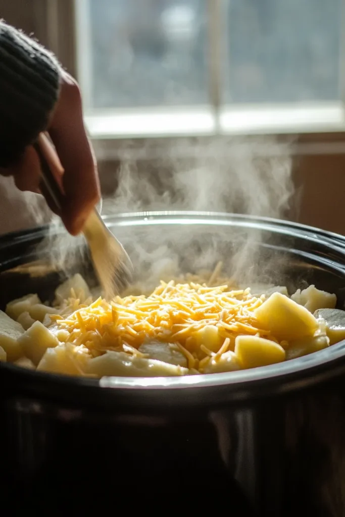 Mixing cheese, potatoes, and milk inside a crockpot to create creamy slow-cooked cheesy potatoes.