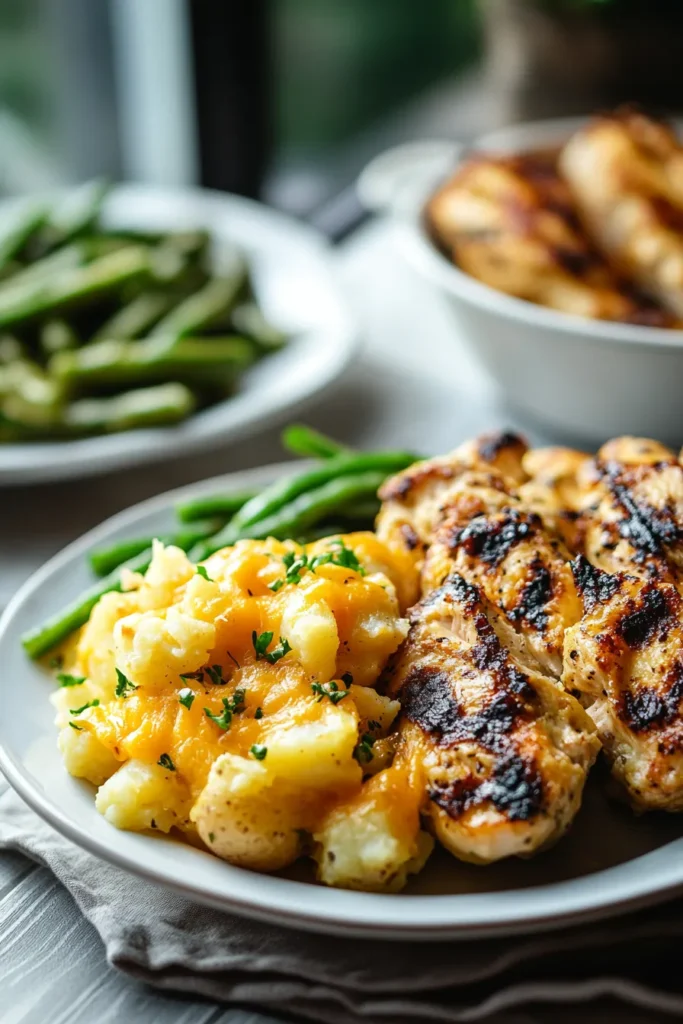Crockpot cheesy potatoes served as a side dish with chicken and vegetables in a bright, cozy kitchen setting.