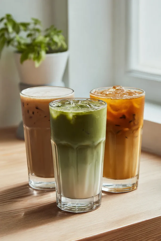 Flavor variations of Hokkaido milk tea on wooden table in white, naturally lit kitchen.