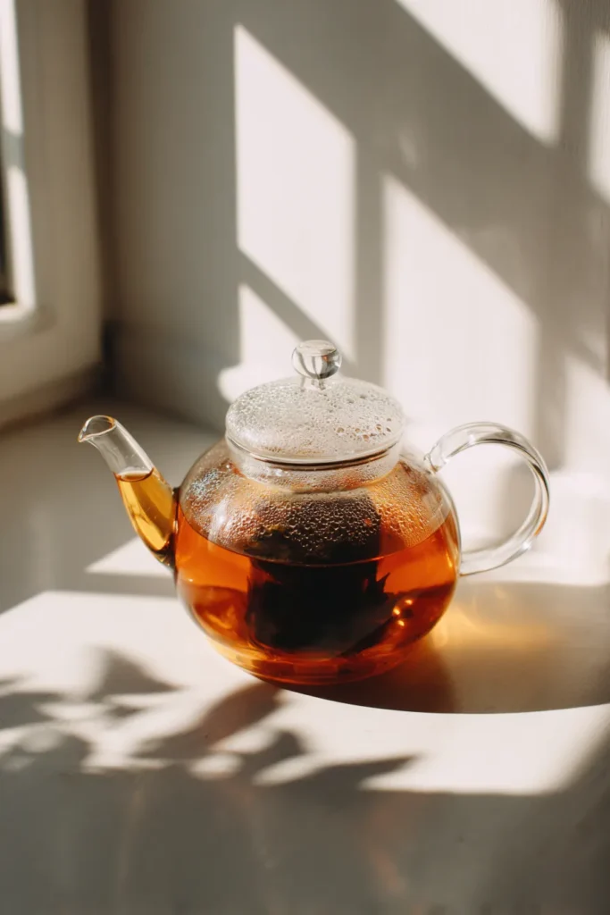 Brewing Assam tea for milk tea base in a white kitchen with natural daylight.
