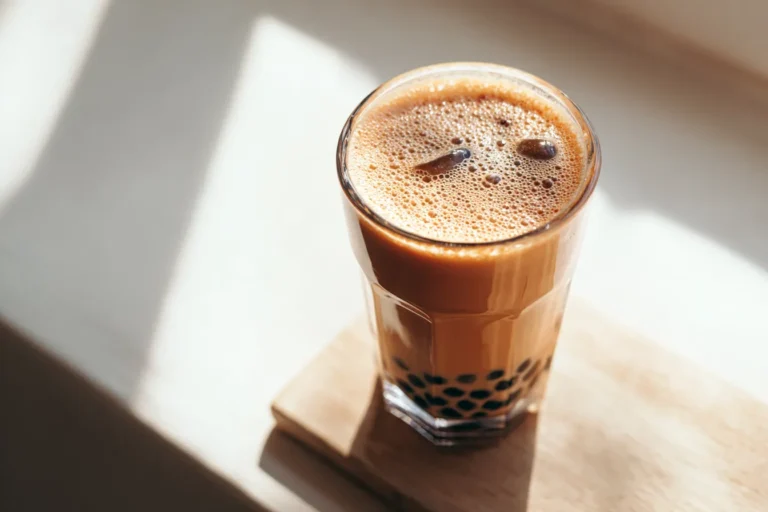 Glass of Hokkaido milk tea with boba on white marble, natural light in bright kitchen.