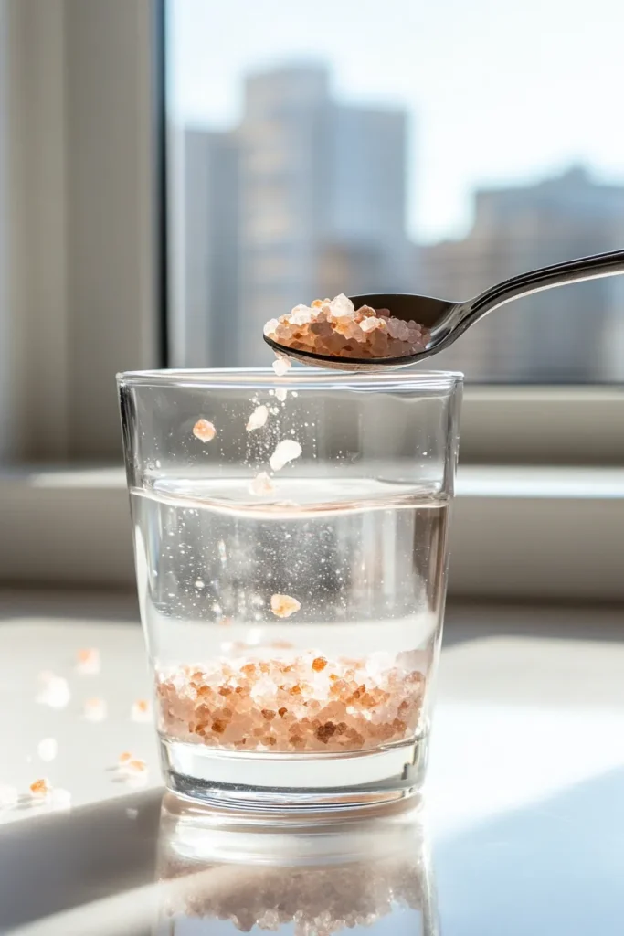 Himalayan salt being stirred into a glass of warm water for a refreshing pink salt tonic.