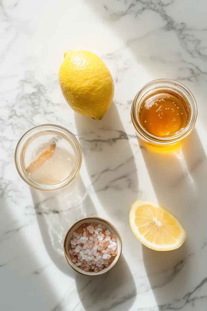 Ingredients for How to Make Pink Salt Morning Tonic including Himalayan pink salt, lemon, honey, and warm water displayed in a bright kitchen.