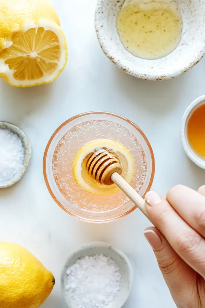 Fresh lemon juice being added to pink salt tonic with raw honey nearby in a bright kitchen.