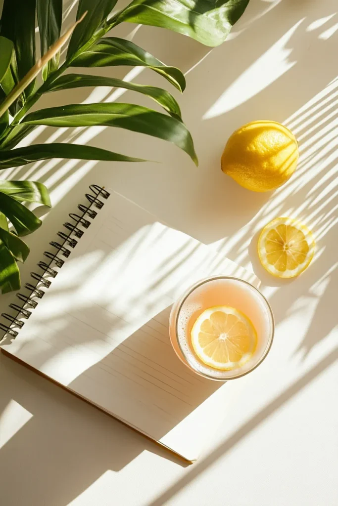 Morning wellness routine featuring a pink salt tonic beside a journal and lemon slice in a modern kitchen.