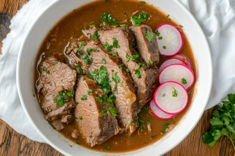 Tender Keto pot roast cooked in the Instant Pot, served with low-carb vegetables and rich gravy in a white bowl.
