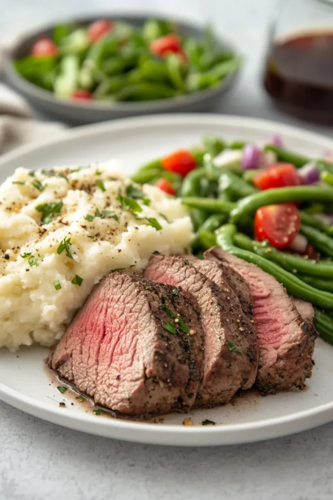 Keto pot roast plated with cauliflower mash and green beans, a perfect low-carb dinner.